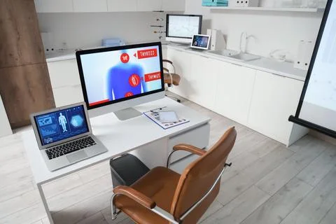 Interior of data scientist's laboratory with workplace Stock Photos