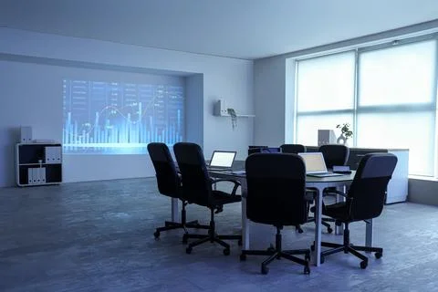 Interior of data scientist's office with workplace, laptops and diagrams proj Stock Photos
