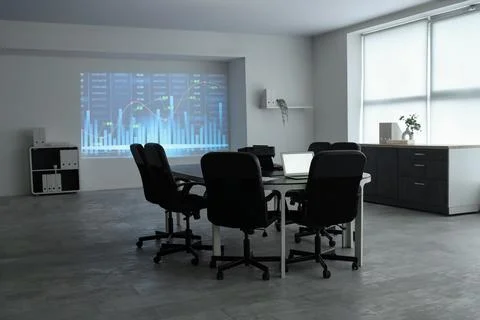 Interior of data scientist's office with workplace, laptops and diagrams proj Stock Photos