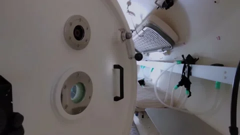 Interior of a decompression chamber for hyperbaric oxygen therapy treatments Stock Footage 149843156