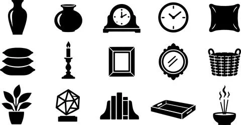 Interior decor accessories icons set black silhouettes for home furnishing .. Stock Illustration