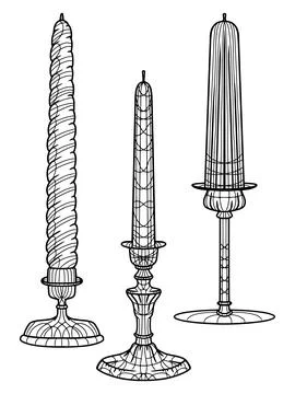 Interior decor, three candles in candlesticks isolated. Freehand sketch for Stock Illustration