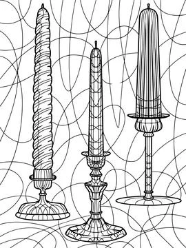 Interior decor, three candles in candlesticks with background. Freehand sketch Stock Illustration