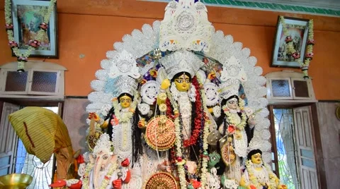 Interior of decorated Durga Puja pandal, at Burdwan, West Bengal, India. Video stock 65632807