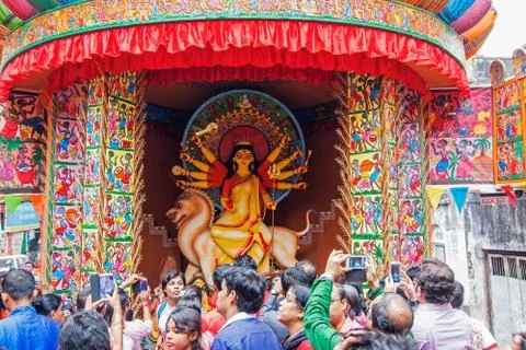 Interior of decorated Durga Puja pandal, at Kolkata, West Bengal, India. Stock Photos