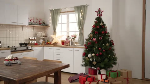 Interior decorated kitchen with xmas tree Stock Footage 165755130