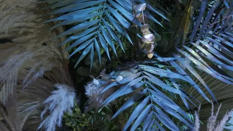 Interior decoration with colored leaves with the help of rgb lights. Stock Footage 148946256