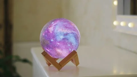 Interior decoration spherical flashlight lamp galaxy switches with neon light Stock Footage 150123426