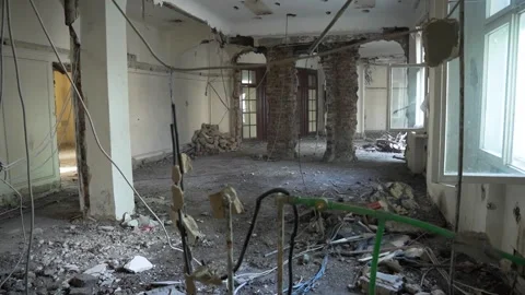 Interior Demolition Site in Abandoned Building - Rubble, Exposed Brick and Wires Stock Footage 331998142