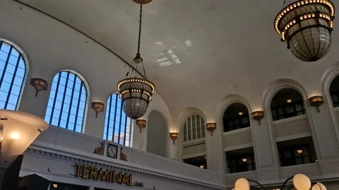 Interior of Denver Union Station, Windows, Ceiling and Chandeliers at Terminal Stock Footage 337556652