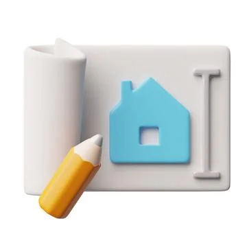 Interior design 3D cartoon plastic style vector icon, home silhouette pencil on Ilustración de archivo