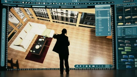 Interior design, 3D modeling program and architectural designer moving assets 스톡 동영상 329945584