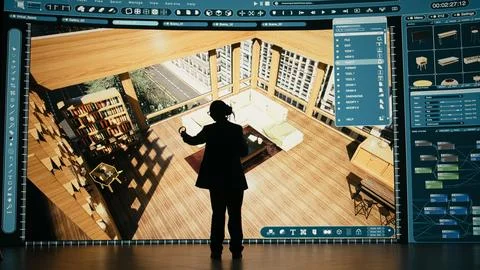 Interior design, 3D modeling program and architectural designer moving assets Stock Photos