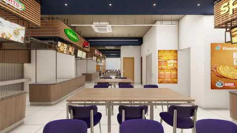Interior Design 3d rendering visualization of a food court Stock Illustration