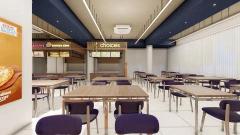 Interior Design 3d rendering visualization of a food court Stock Illustration