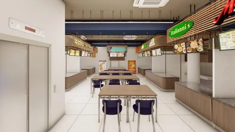 Interior Design 3d rendering visualization of a food court Illustrazione stock