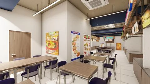 Interior Design 3d rendering visualization of a food court Stock Illustration