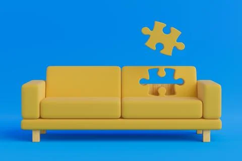 Interior Design And Creative Thinking Concept. Yellow Sofa With Puzzle Piec.. Stock Illustration
