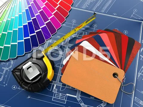Interior design. architectural materials, measuring tools and blueprints. 3d Stock Illustration