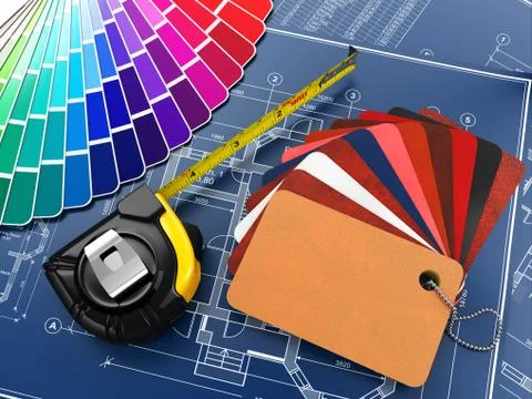 Interior design. architectural materials, measuring tools and blueprints. 3d Ilustración de archivo