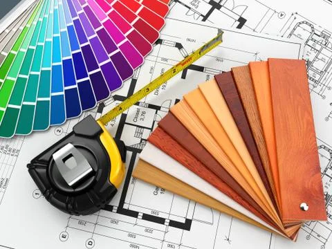 Interior design. architectural materials, measuring tools and blueprints. 3d Stock Illustration