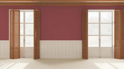 Interior design background, empty room in white and red tones with parquet fl Stock Illustration