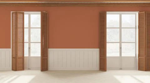 Interior design background, empty room in white and orange tones with parquet Stock Illustration