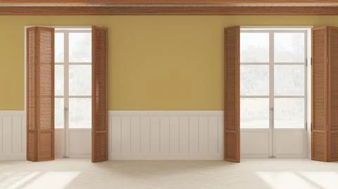 Interior design background, empty room in white and yellow tones with parquet Stock Illustration