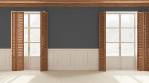 Interior design background, empty room in white and gray tones with parquet f Stock Illustration