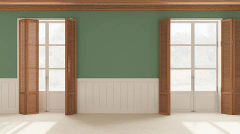 Interior design background, empty room in white and green tones with parquet  Stock Illustration