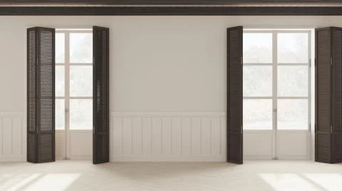 Interior design background, empty room in white and dark tones with parquet f Stock Illustration