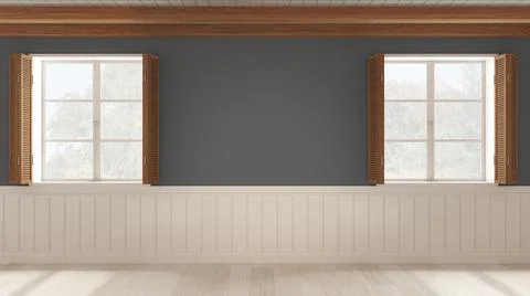 Interior design background, empty room in white and gray tones with parquet f Stock Illustration