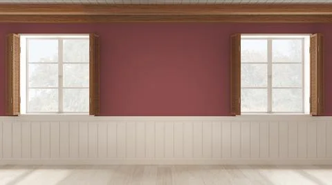 Interior design background, empty room in white and red tones with parquet fl Stock Illustration