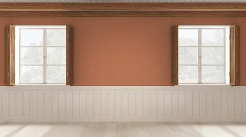 Interior design background, empty room in white and orange tones with parquet Stock Illustration