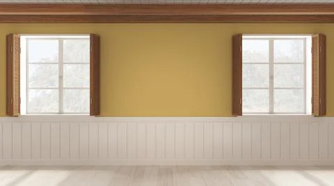 Interior design background, empty room in white and yellow tones with parquet Stock Illustration