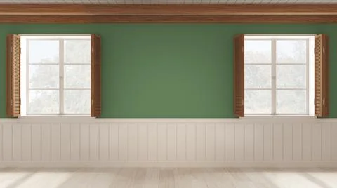 Interior design background, empty room in white and green tones with parquet  Stock Illustration
