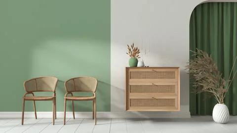 Interior design background in white and green tones. Living waiting room with Stock Illustration