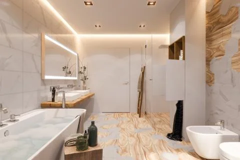 Interior design of a bathroom, 3d illustration in a Scandinavian s Stock Illustration