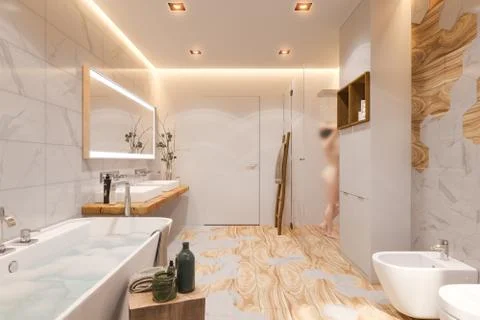 Interior design of a bathroom, 3d illustration in a Scandinavian style Illustrazione stock