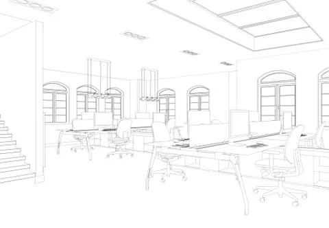 Interior Design big Office Room with desks custom Drawing Stock Illustration