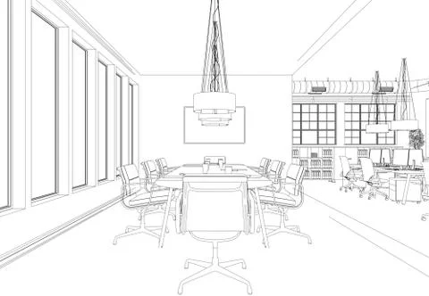 Interior Design big Office Room with desks custom Drawing Stock Illustration