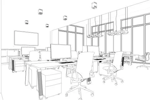 Interior Design big Office Room with desks custom Drawing Stock Illustration