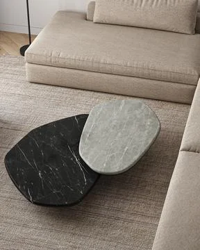 Interior design close up with two round stone table and sofa background. 3d Illustrazione stock