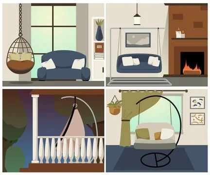 Interior design collection with hanging swing. Vector flat illustration. Stock Illustration