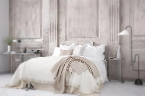 Interior design depth of field, classic white and beige bedroom with double b Stock-Illustration