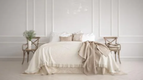 Interior design depth of field, classic white and beige bedroom with double b Stock-Illustration