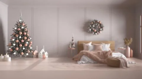 Interior design depth of field, classic set: Christmas decorated bedroom, tre Stock-Illustration