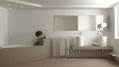 Interior design depth of field, contemporary white and wooden bathroom with b Stock-Illustration