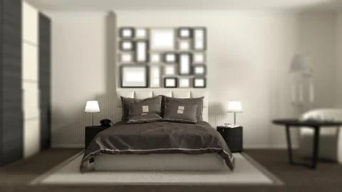 Interior design depth of field, contemporary hotel bedroom with double bed, b Stock Illustration