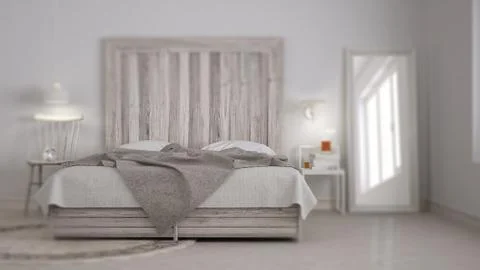 Interior design depth of field, contemporary bedroom, bed with wooden headboa Stock-Illustration